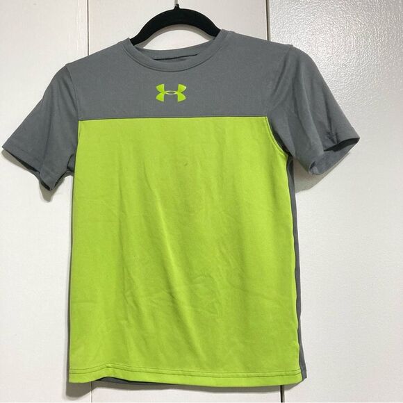 UNDER ARMOUR Loose Heat Gear Athletic Tshirt Lime Green Gray Youth Small - Picture 2 of 12